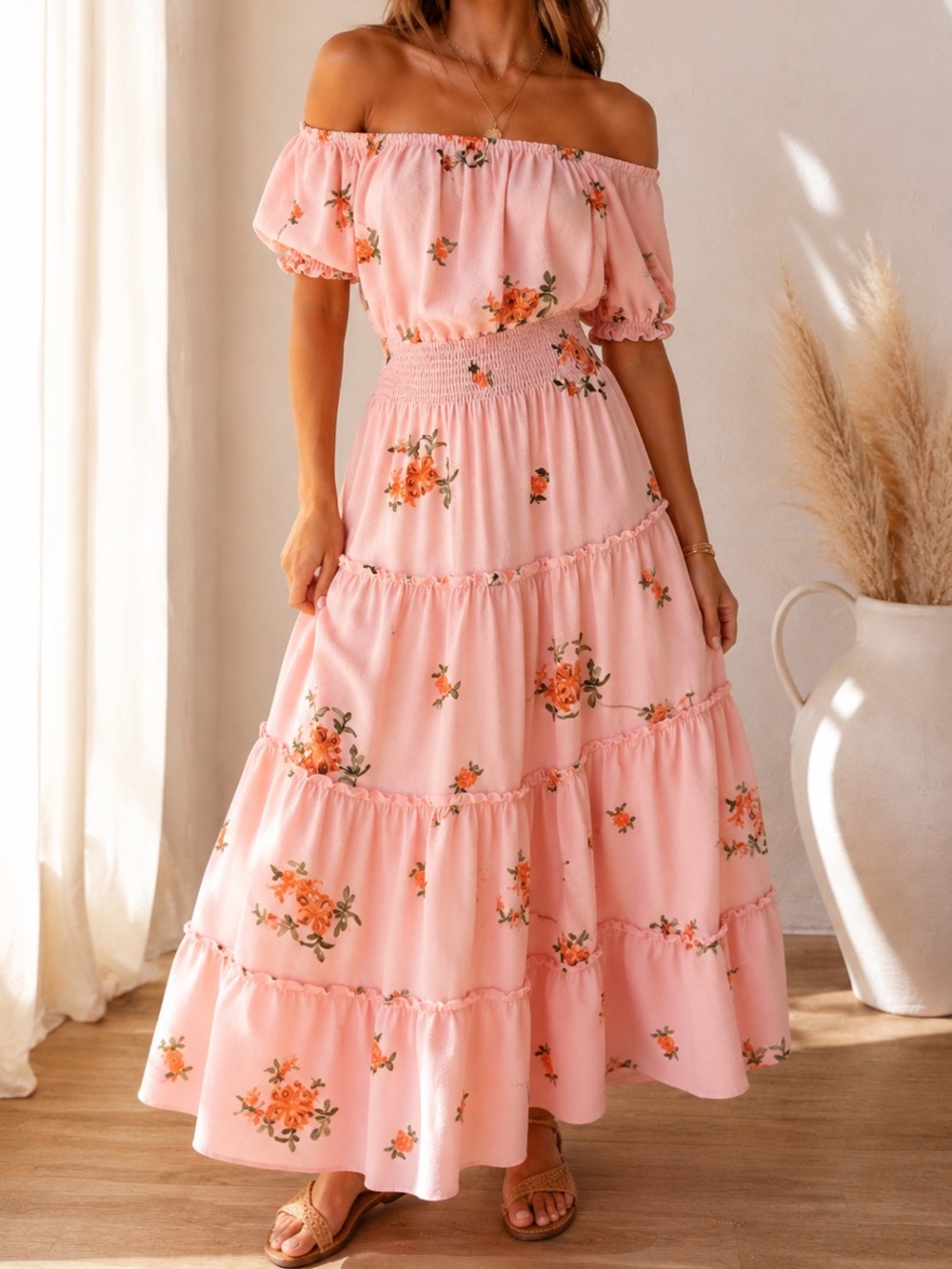 Kindred Pink Floral Smocked Maxi Dress Size Large